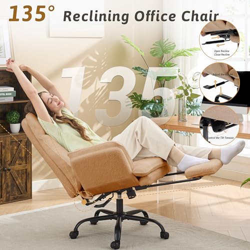 Image of Wider Seat Office Chair with Flip Armrests for Criss Cross Legged&Cats, Big and Tall Executive Ergonomic Reclining Chair with Footrest&Lumbar Pillow, Teddy Fleece Desk Chair, Brown Vanity Chair