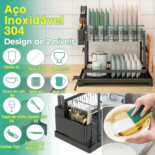 Image of ALENKO 2 Tier Black Steel Compact Dish Drying Rack with Drain 360