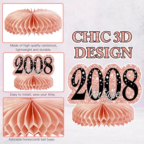 Image of 9Pcs Rose Gold Pink 18th Birthday Decorations Honeycomb Centerpieces for Girls,Happy 18th Birthday Centerpieces Tables Toppers Party Decorations Supplies,Vintage 2008 Aged Table Sign Decor