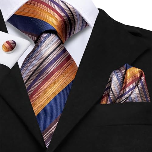Image of Dubulle Mens Paisley Striped Tie Woven Necktie for Men and Handkerchief Cufflinks Set Wedding Formal Business