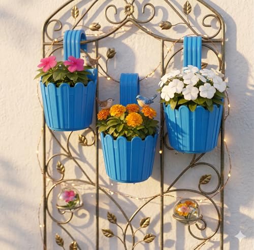 Image of Premium 6 inch Railing Planter with Hook - Durable Plastic Hanging Flower Pot for Balcony, Fence Design Gamla for Indoor /Outdoor Plants, Herbs & Creepers (3, Blue)
