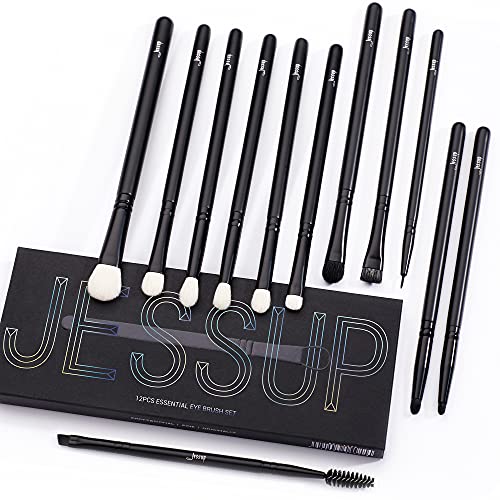 Jessup Eyeshadow Brush Set 12pcs Black Eye Makeup Brushes Set Professional with Natural Synthetic Hair for Eyebrow Eyelash Eyeliner Spoolie Blending, T322