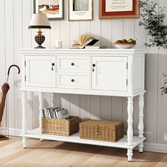 ARTPOWER Console Table with 2 Drawers, Retro Entryway Table with 2 Door Cabinets and Open Storage Shelf, Narrow Long Behind Couch Sofa Table for Living Room, Foyer, Hallway, White