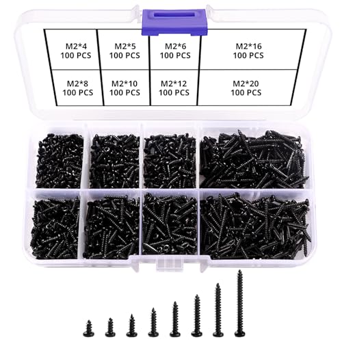 VooGenzek 800 Piezas M2 Tornillos de Cabeza Plana Cruzada Autorroscantes, Pequeños de Acero Al Carbono Para Madera Plástico Metal (Miniatura Negros)