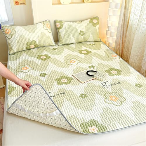 Odot Protector de Colchón Acolchado, Protector de Colchón Relleno de Látex con 4 Bandas Elásticas + Funda de Almohada, Funda Protectora para Cama (Flor Verde,120x200cm-2 Piezas)