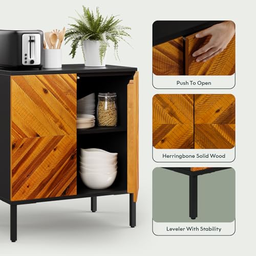 Image of Bme Vivian Sideboard Buffet Cabinet, Solid Acacia Wood Storage Cabinet with 3 Doors, Rustic Golden Brown Mid Century Modern Sideboard for Dining Room, Kitchen, or Living Room