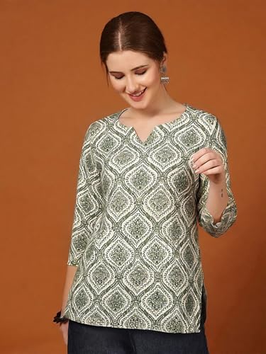 Image of Pinkmint Women's Cotton Blend Printed Short Kurti, Hip-Length Ethnic Tunic for Women, 3 /4 Sleeve Notch Neck, Casual, Office (Available in Plus Sizes & Combo Pack 2)