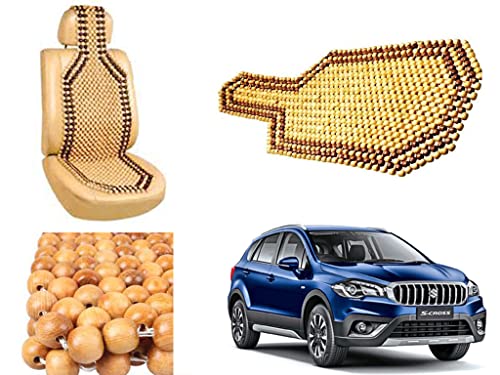 Image of Car Bead Seat Wooden Beads Cushion Cover Pad for Maruti Suzuki Scross Facelift, Acupressure Sitting Seat Cover | Cream Color - Pack of 1