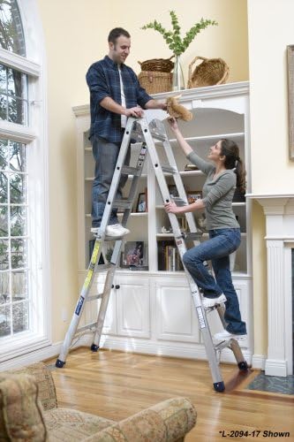 Two people on a Louisville L-2094-17 ladder in A-frame configuration