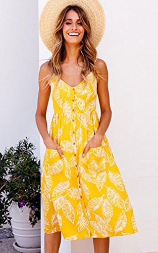 Image of Angashion Women's Dresses-Summer Floral Bohemian Spaghetti Strap Button Down Swing Midi Dress