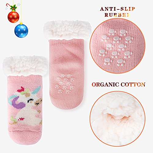 FENELY 3 Pairs Winter Kids Fuzzy Slipper Socks 2-4/4-6/6-8 Girls Boys Thermal Warm Non-Skid，Gifts for Christmas Stocking2