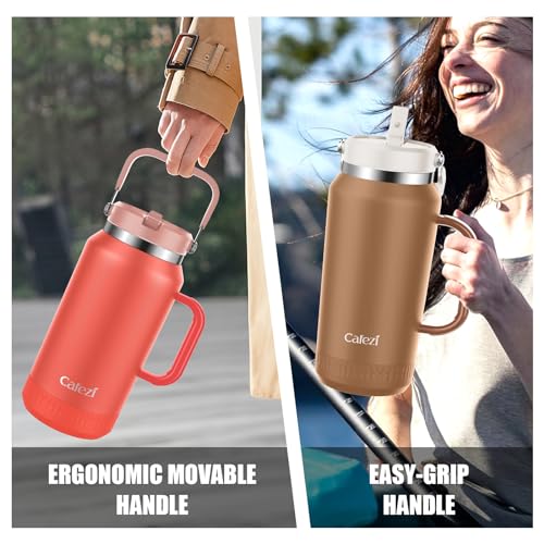 Image of 64oz Stainless Steel Water Bottle with Flip Straw - Leak-Proof, Sweat-Free, Top and Side Handle, Anti-Slip Base, Iced for 34 Hours, Dishwasher Safe - Water Jug for Sports Events, Beach Days