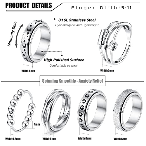 Diamday 6Pcs Anxiety Ring For Women Spinner Fidget Ring Stainless Steel Band Spinner Rings With Beads Fidget Ring For Anxiety Relief Stress Cool Moon Star Bead Flower Spinning Figet Rings Women #TOP1