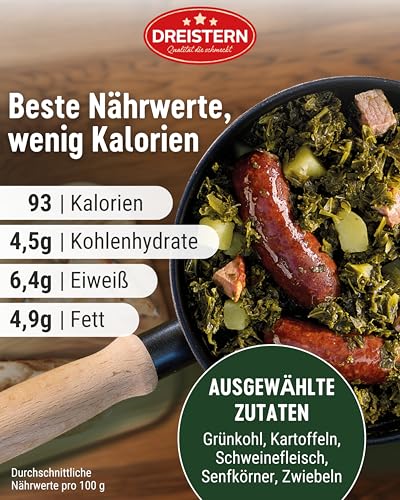 DREISTERN Grünkohl 400g I Mit Gemüse & Kartoffeln I Herzhaftes Fertiggericht in recyclebarer Konservendose I Lange Haltbarkeit dank natürlicher Konservierung I Hausmacher Qualität