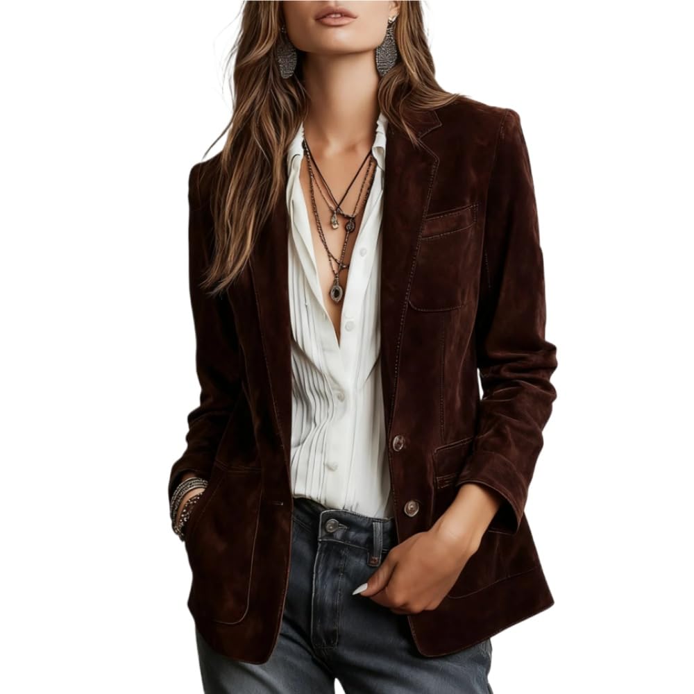 2026 Womens Retro Faux Suede Leather Blazer Notched Collar Work Dressy Business Casual Coat