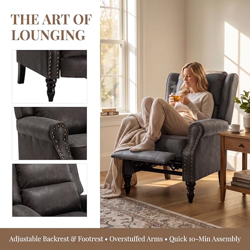 Image of Leather Recliner Chair, Pushback Recliner Chair with Adjustable Backrest Footrest, Mid Modern Reclining with Overstuffed Arms Lumbar Support for Reading, Living Room, Black