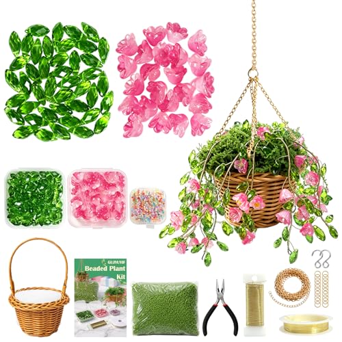 GUJYUYIF Beaded Plant Kit Green Glass Leaf Beads with Rattan Basket Hanging Suncatchers Beading Kit for Jewelry Making DIY Craft Kit Plants