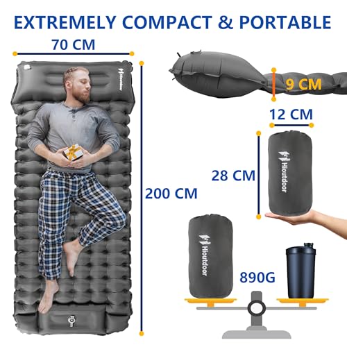 Hioutdoor Isomatte 10CM Camping Ultraleicht Aufblasbare Mit Fußpresse Pumpe Für Outdoor Wandern Strand Backpacking Zelt Matratze Schlafmatte Campingmatte (Grau)