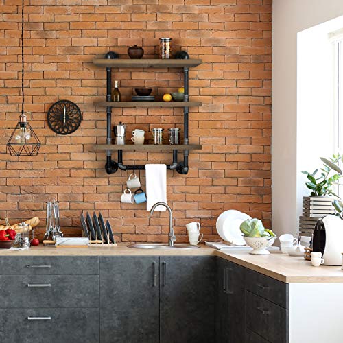 Industrial Bathroom/ Kitchen Pipe Shelves Rustic Wall Shelf w/ Towel Bar,3 Tiered X 24" Wood Included. Heavy Duty 3/4" Pipe Wall Mount Shelves. DIY Storage Racks Floating Shelves(Retro Pine) Iowa 