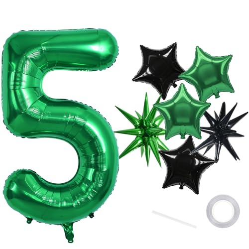 Image of TONIFUL 5th Birthday Balloons 40 Inch Green Large Number 5 Foil Balloon 18 Inch Helium Mylar Heart Star Shaped Ballons for Boys Men Birthday Anniversary Graduation New Year Eve Party Decoration