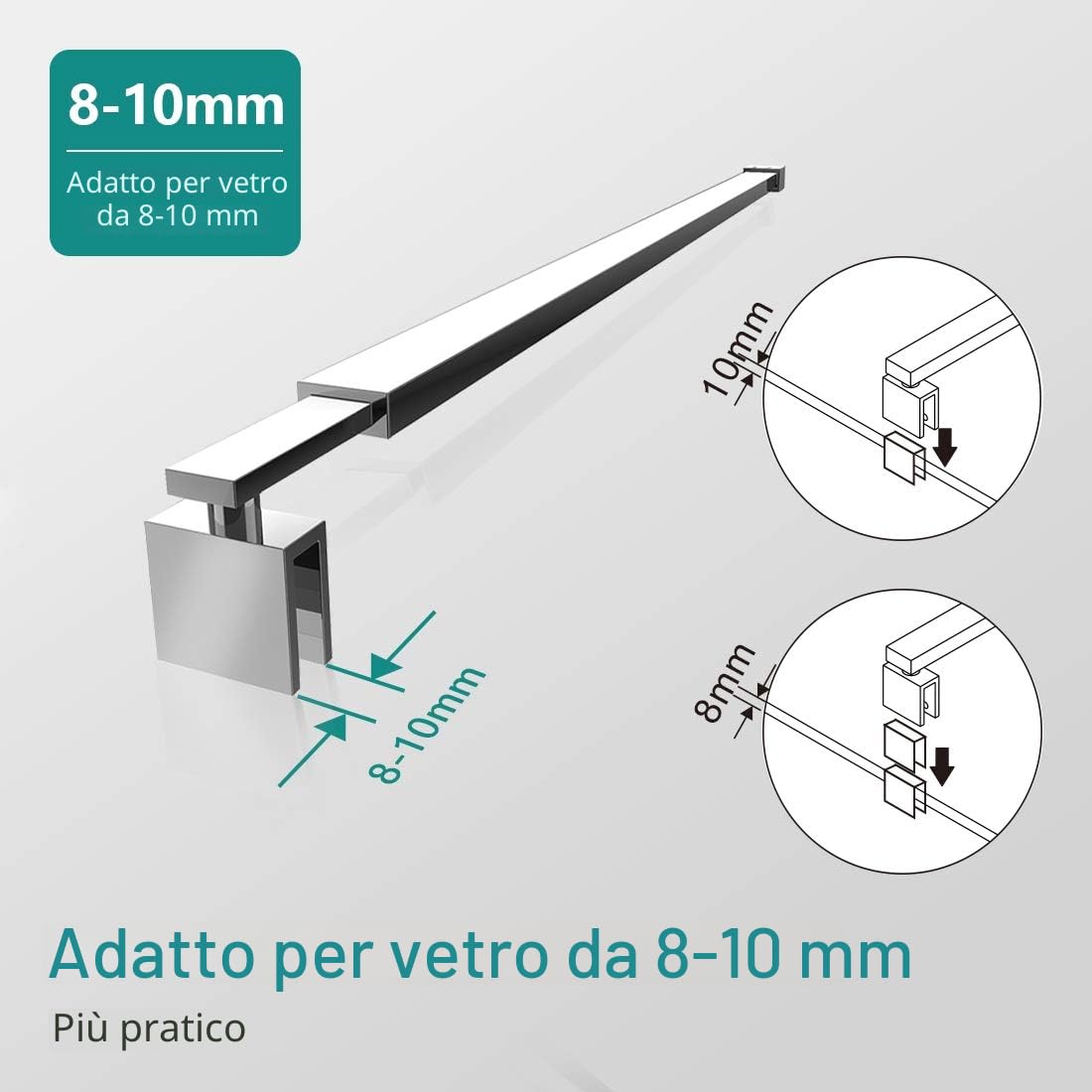 EMKE Barra di supporto telescopica in acciaio inox, per doccia, doccia, pannello bagno, adatta per vetri da 8-10 mm, 700 mm a 1200 mm