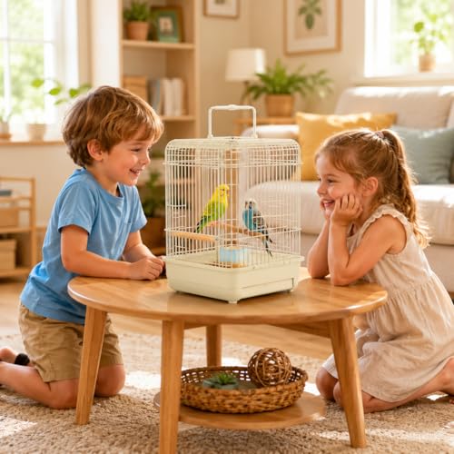 JWQFBC Vogelkäfig Wellensittich Geräumiger Käfig mit Zubehör, tragbar für kleine Vögel, Grün/Weiß-2