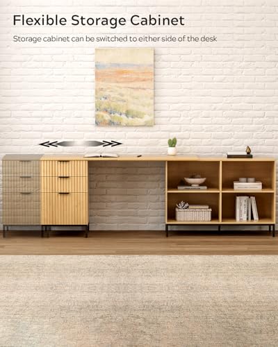 Image of EYYTHUNG L Executive Desk with Storage Cabinet, 60 inch Fluted Modern Flexible Home Office Desk, Large Wood Convertible Computer Standing Up Desk with File Drawer, Writing Desk Natural Oak