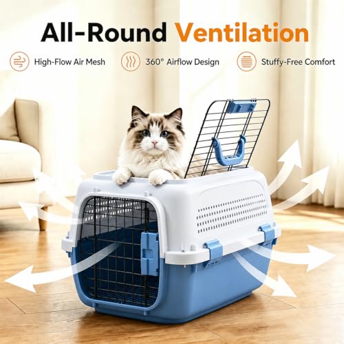 23" Airline Approved Cat Carrier Hard Shell, Dual-Entry Pet Carrier with Top & Front Doors, Detachable Food Bowl & Secure Lock, Breathable Dog Carrier for Cats & Small Dogs Up to 22 lbs - Blue - Image 5