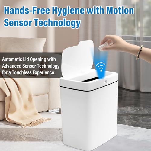 Image of 4 Gallon Touchless Motion Sensor Garbage Can, Bathroom Trash Can with Lid, Small Automatic Trash Can,IPX5 Waterproof,White Plastic WasteBaskets for Bathroom, Bedroom, Toilet, Office, RV