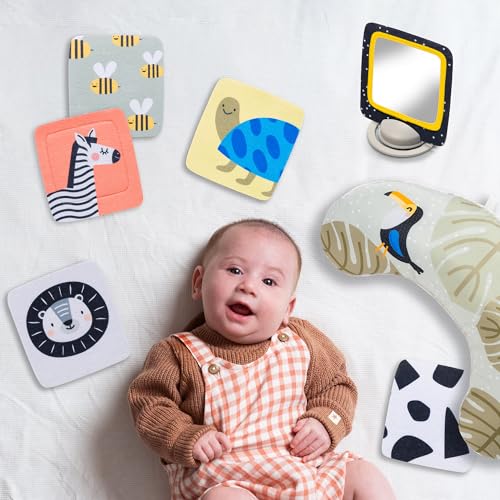 Image of Taf Toys Tummy Time Set with Ergonomic Toy, Double-Sided High Contrast Black & White Flash Cards & Mirror Card, Developmental Baby Play Mat Accessories & Card Stands for Newborn Infant Tummy Time