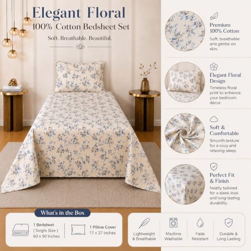 Image of RRC Floral Printed Bedsheet for Single Bed with Pillow Cover,60X90 Inches Single Bed Sheet, Elegant Bedroom Bedding, Comfortable Home Bedsheet, Pillow Cover Size 17 x 27 Inches