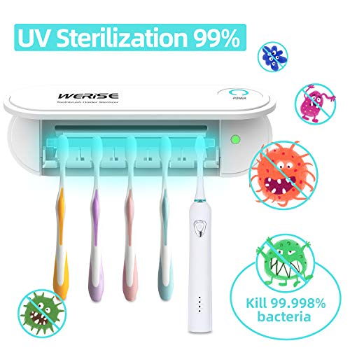 UV Toothbrush Holder Wall Mounted,5 Toothbrush Sterilizer Holder Ultraviolet Light Sterilization & Drying Function with Two Stickers for Women Kids Baby Bathroom,USB Charging Equipped with Adapter - Thumbnail 2