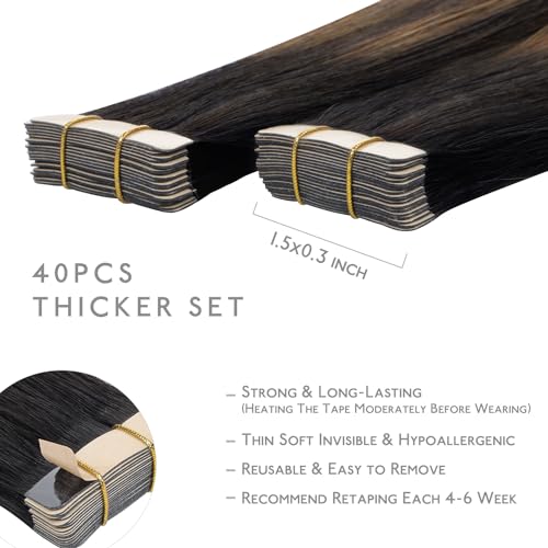 Image of WENNALIFE Tape in Hair Extensions Human Hair, 40pcs 100g 16 inch Balayage Natural Black to Chestnut Brown Hair Extensions Real Human Hair Straight Tape in Extensions Invisible Human Hair Extensions