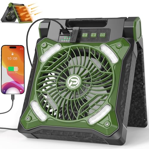PANERGY Ventilador de camping portátil con linterna LED, funciona con energía solar, ventilador de batería recargable, 4 velocidades, 90° ajustable, inalámbrico, ventilador solar de escritorio para
