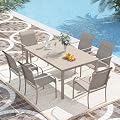 VICLLAX 7 Pieces Patio Dining Set, Patio Furniture Set of 6 Patio Stackable Dining Chairs and Outdoor Rectangular Metal Table with Umbrella Hole, Sandshell Chairs and Sandshell Table