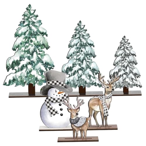 Centrotavola natalizio in legno rustico, vassoio natalizio a più livelli, albero con pupazzo di neve e renna, decorazioni da tavolo per la casa, mensola del caminetto, davanzale della finestra, 6 pez