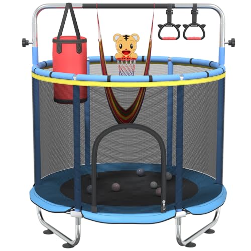 60" Toddler Trampoline for Age 2-4, 9ft Mini Kids Trampoline Indoor with Basketball Ball Adjustable Gymnastics Bar & Toys Swing Enclosure Net for Backyard ASTM Approved - image 1
