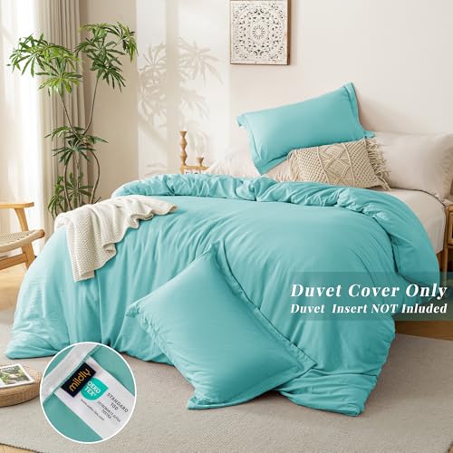 Image of MILDLY Duvet Cover King Ultra Soft Comforter Cover Set 3pcs, Aqua Blue | Washed Microfiber Cotton-Like, Breathable Comfort, Hidden Zipper, Corner Ties, OEKO-TEX Certified, Fade Resistant