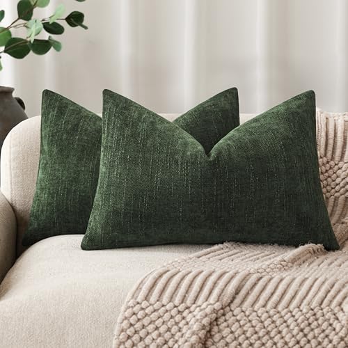 Image of Foindtower Pack of 2 Textured Chenille Throw Decorative Pillow Covers Square Accent Solid Cushion Cover Neutral Farmhouse Lumbar Pillow Case for Couch Sofa Bedroom Living Room 12x20 Inch,Dark Green