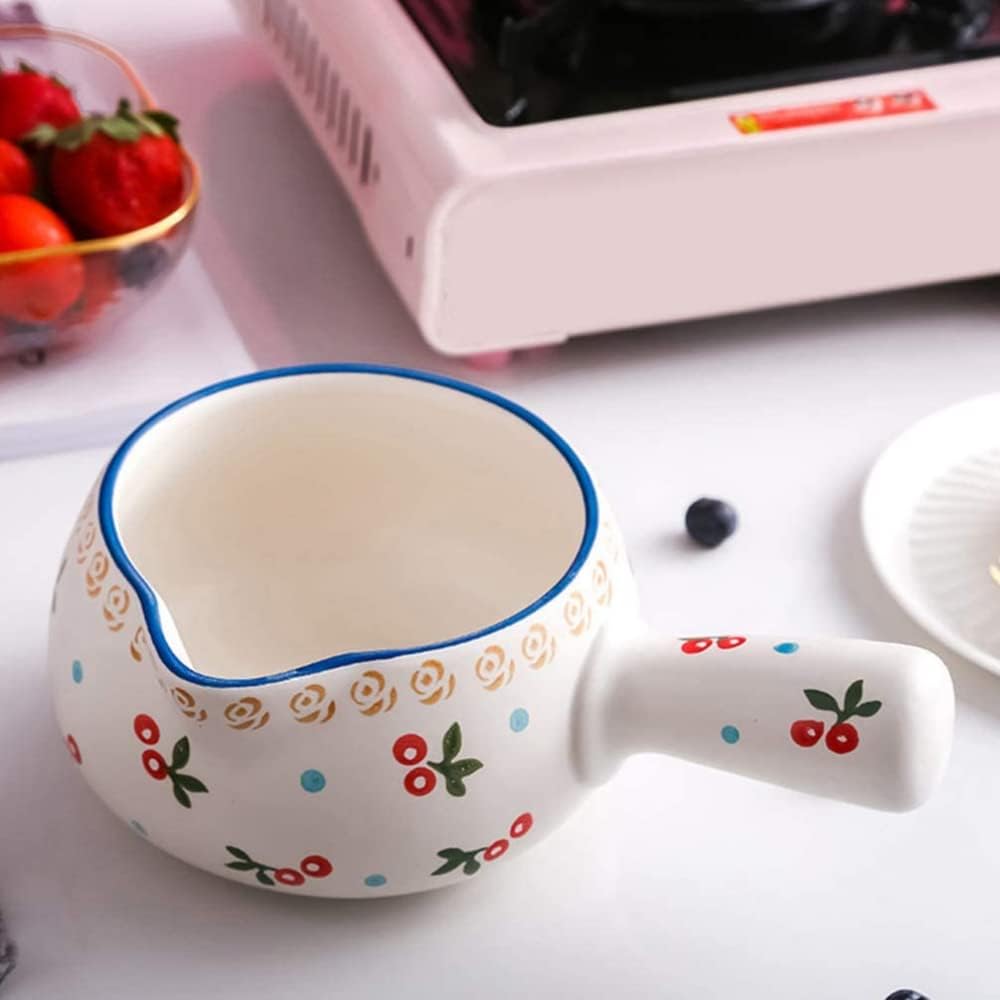 Ceramic Butter Warmer Milk Pot Single handle Non-Stick Mini Saucepan Milk pot porridge pot Small Cookware 1000ml-Cherry