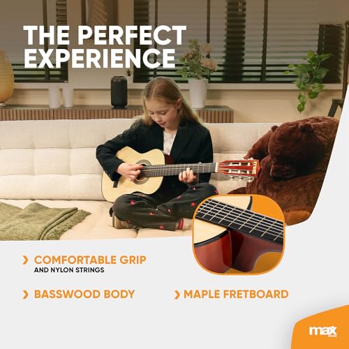 Image of MAX SoloArt Junior 30-inch Small Size Classical Acoustic Guitar Starter Kit for Kids (Aged 3-8 Years) Includes Gig Bag,Tuner, Strap, Extra Nylon Strings & Picks Designed & Engineered in Netherlands