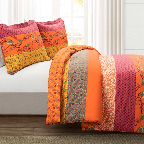 Image of Lush Decor Royal Empire Reversible Cotton Duvet Cover Set, 3 Piece Set Full / Queen, Tangerine - Striped Bedding Set - Queen Duvet Cover - Boho Decor - Orange Bedding