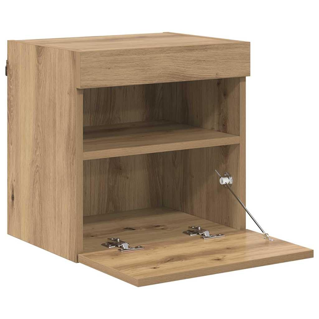 Regały ścienne pod telewizor, zestaw 2 sztuk, dąb Artisan, 40 x 30 x 40 cm, materiał drewnopochodny, z oświetleniem LED, nowoczesne wzornictwo do salonu, montowane na ścianie