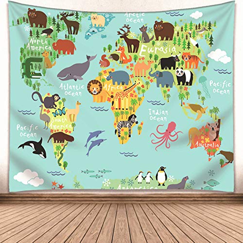 Kids Educational Animal Landmarks World Map Blue Tapestry, Wall Home Decor Art