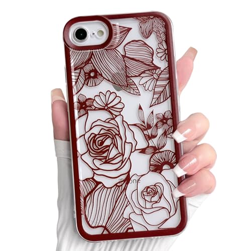 NITITOP Compatible for iPhone SE 2020 / SE 2022/7 / 8 Case Clear Cute Rose Flower Floral Leaves Pattern for Women Girls Color Frame Slim Durable Shockproof Protective Phone Cover - Wine Red