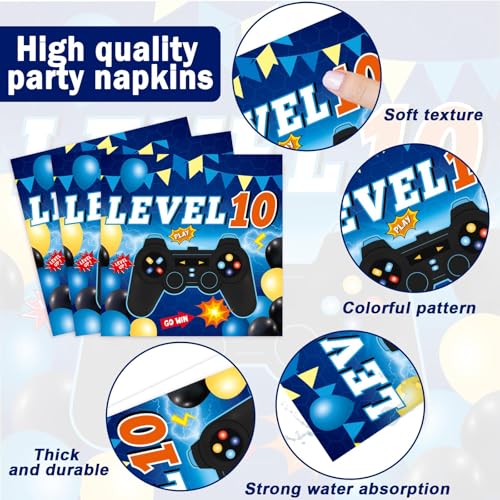 Image of 96Pcs Level 10 Plates and Napkins Sets Level Up 10 Unlocked Birthday Decorations 10th Birthday Plates for Boys Video Game Supplies 10th Blue Gaming Pattern Design Party Favors for 24 Guests