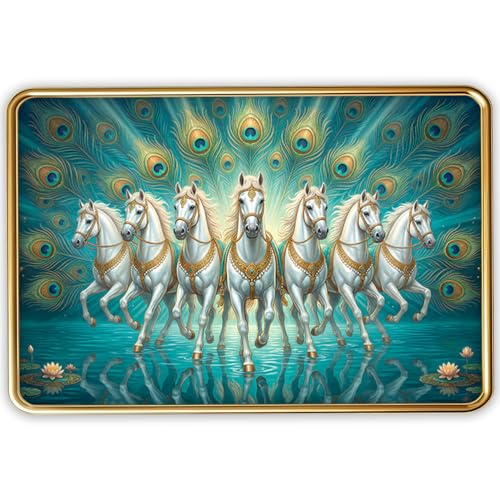 Image of Dharvika Innovations Vastu 7 Seven Running Horse Photo Frame, Golden Slim Frame, Sparkle Coated Lamination, 30x45 cm (Design 2)
