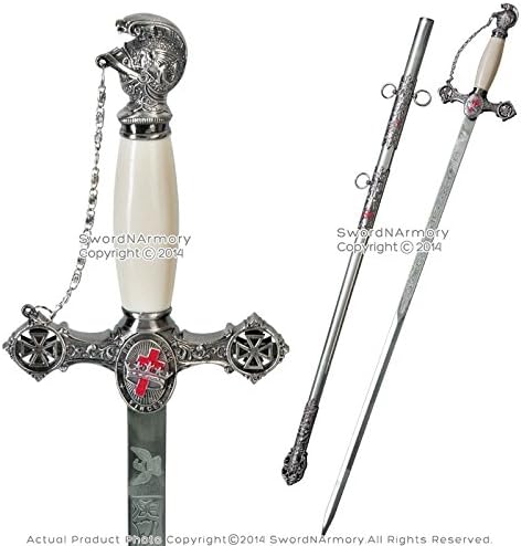 33.5" Fraternity Masonic Ceremonial Knights Templar Sword with Red Cross Metal Ring Mason Crusader Antique Silver