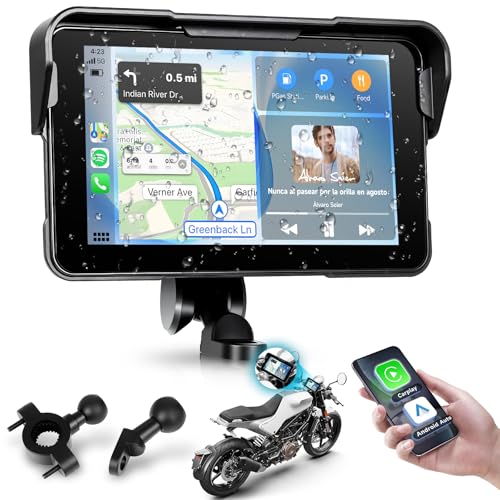 Rimoody Carplay Moto, 5 Pouces Stéréo de Voiture Portable à HD Écran Tactile, IP68 Étanche avec Android Auto Airplay/Android Cast/Bluetooth/Surveillance de la Pression des Pneus/TF 12V