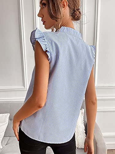WDIRARA Women's Striped Ruffle Cap Sleeve Notched V Neck Blouse Top Shirt2